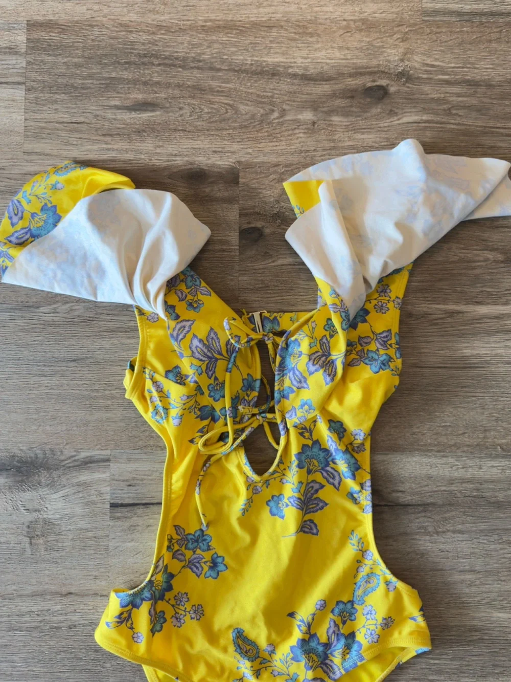 Sam Edelman Yellow‎ Floral Ruffle One-Piece Swimsuit with Blue Print